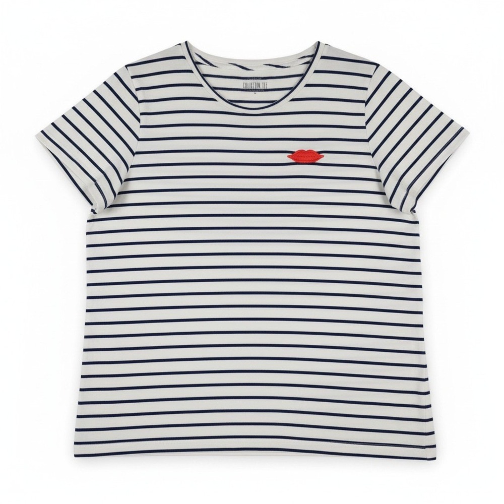 J Crew Shirt Womens Large White Blue Striped Lips Collector Tee Crew Neck Preppy